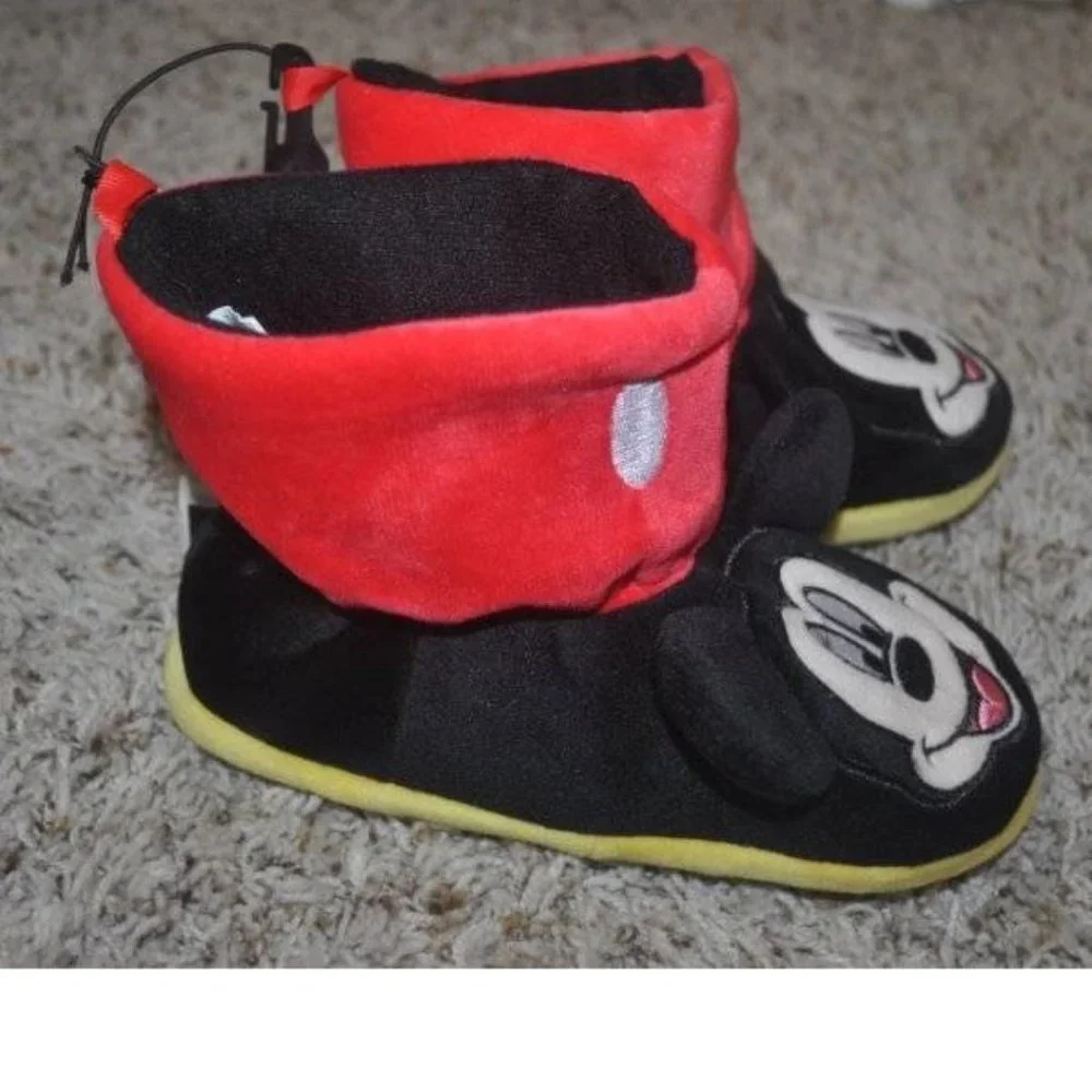 Toddler Boys Disney Mickey Mouse Slippers 9/10T Red Black Booties Slip On Winter
